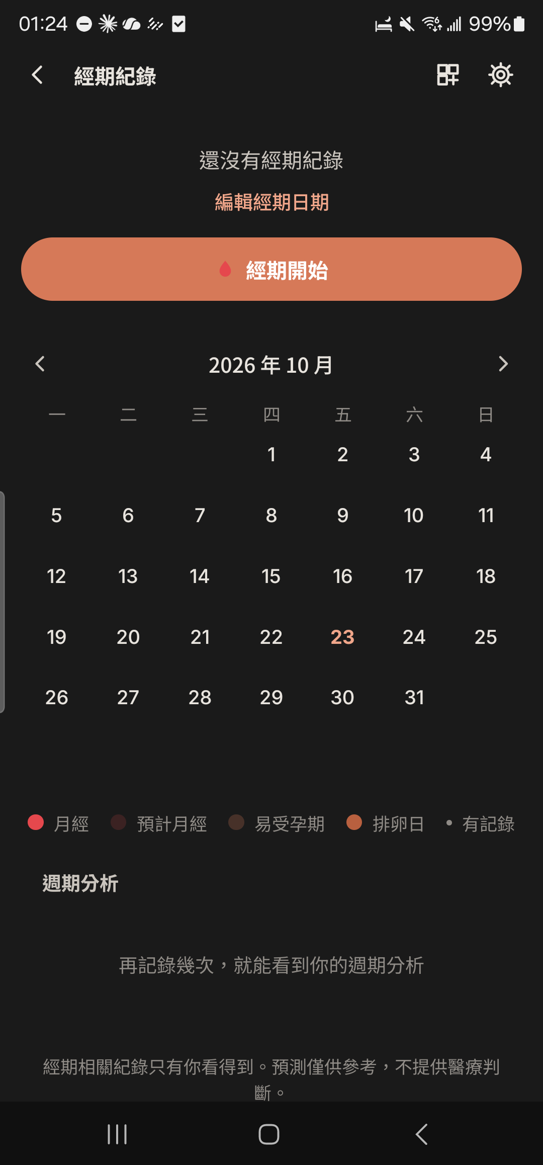 經期紀錄首頁的週期圓環與「經期開始」按鈕